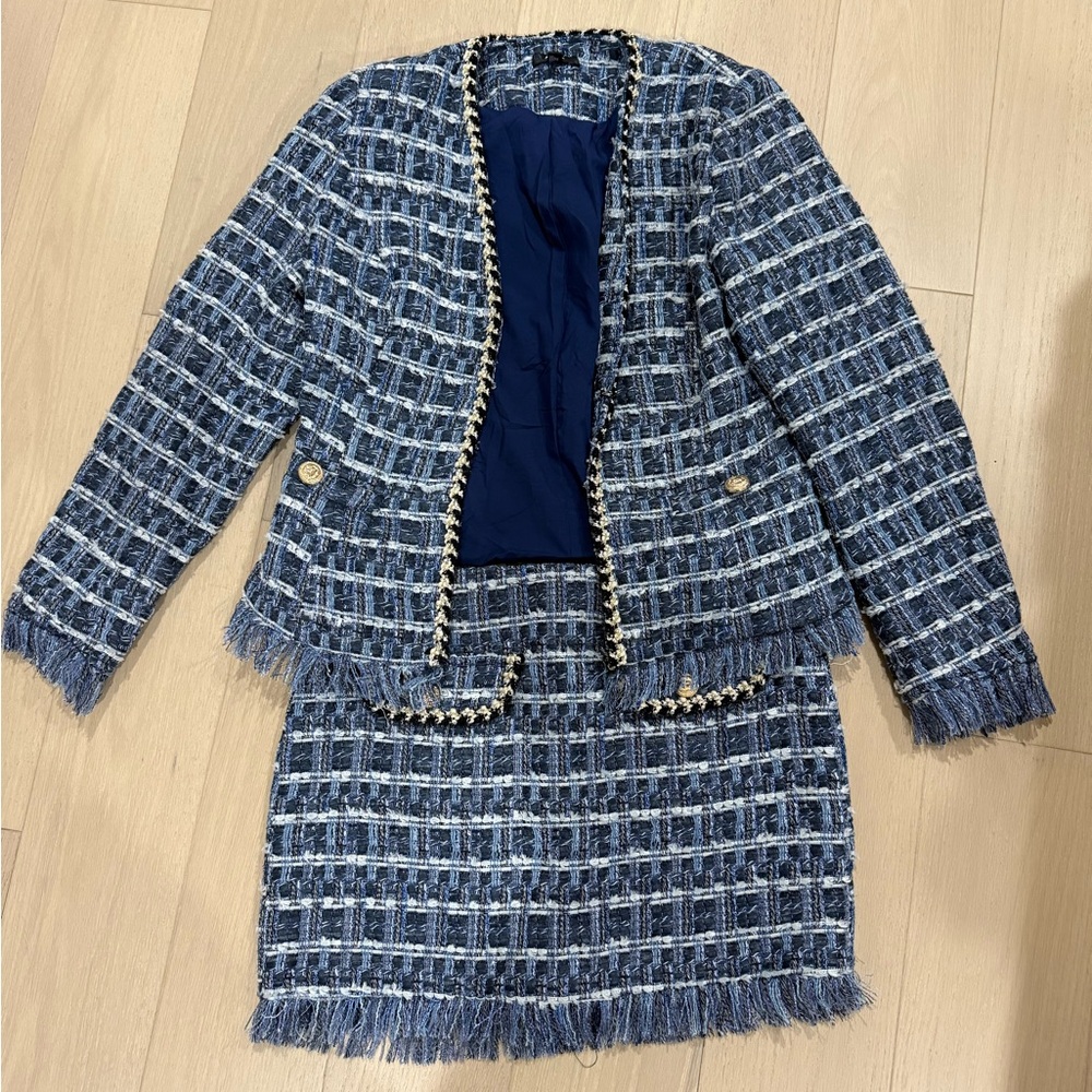 Aqua Blue and White Tweed Blazer and Skirt Set